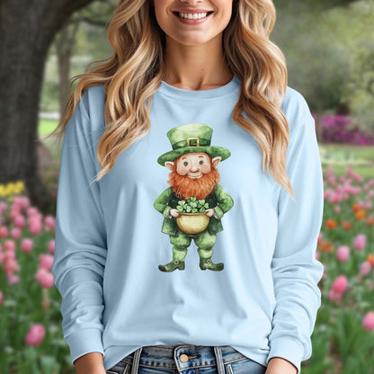 Light blue long-sleeve tee with a watercolor leprechaun holding a shamrock pot.