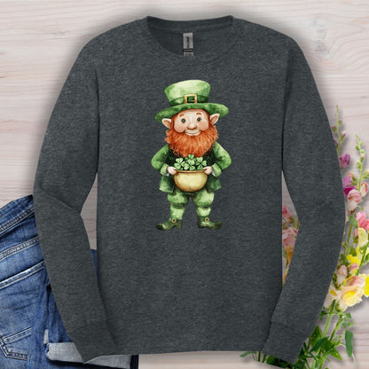 Dark Heather long sleeve tee with a watercolor leprechaun holding a shamrock pot.