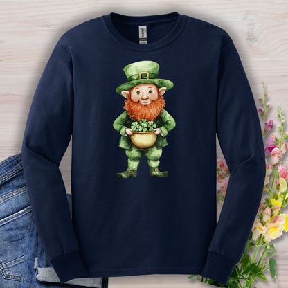 Navy long-sleeve tee with a watercolor leprechaun holding a shamrock pot.