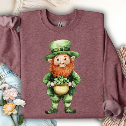 Heather maroon unisex sweatshirt with a watercolor leprechaun holding a pot of four-leaf clovers.