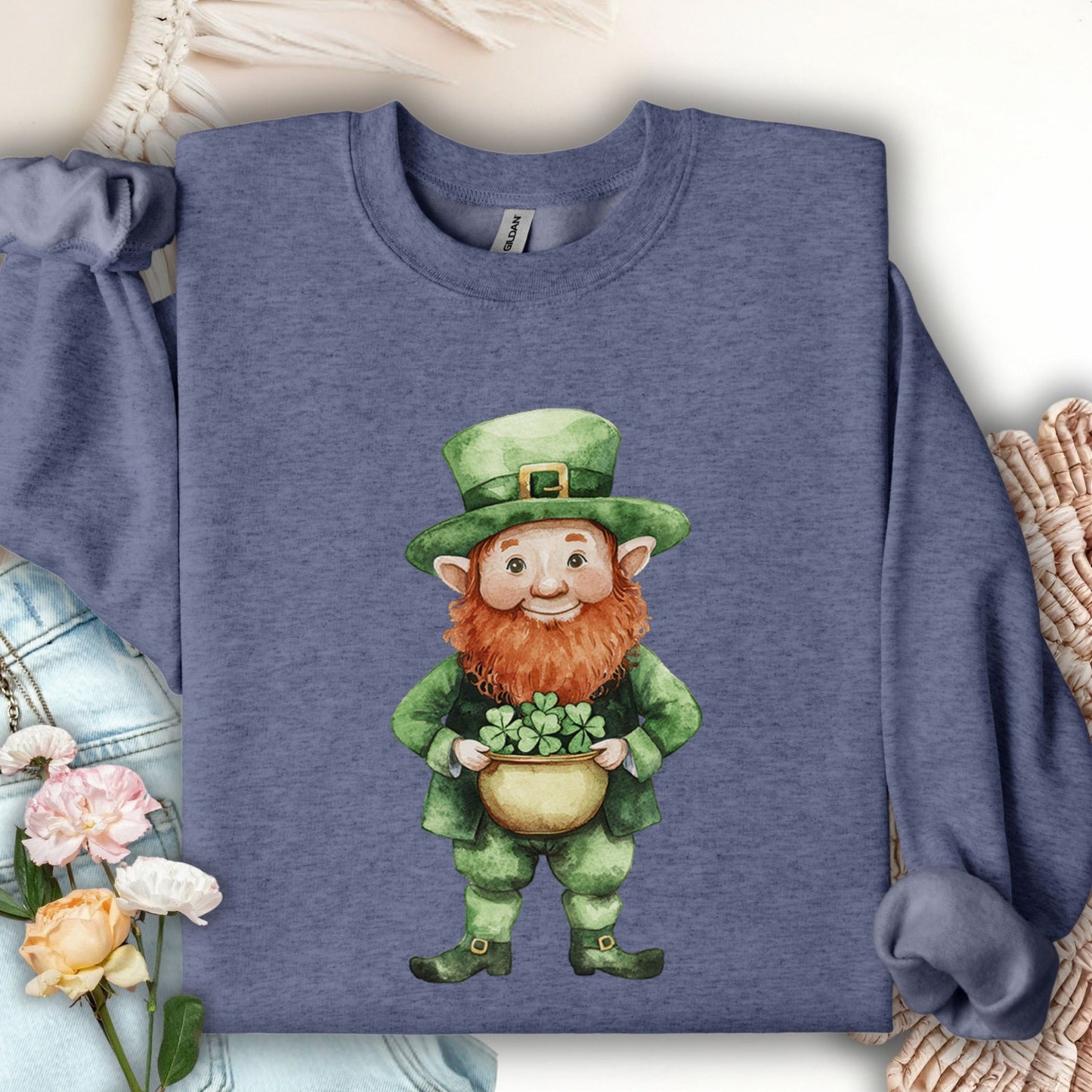Heather Sport Dark Navy unisex sweatshirt with a watercolor leprechaun holding a pot of clovers.