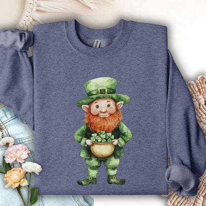 Heather Sport Dark Navy unisex sweatshirt with a watercolor leprechaun holding a pot of clovers.