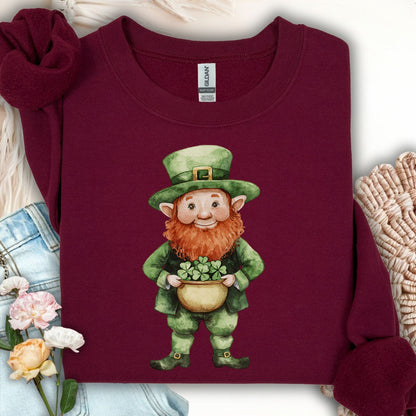 Maroon unisex sweatshirt with a friendly leprechaun holding a four-leaf clover, made from a cotton-poly blend.