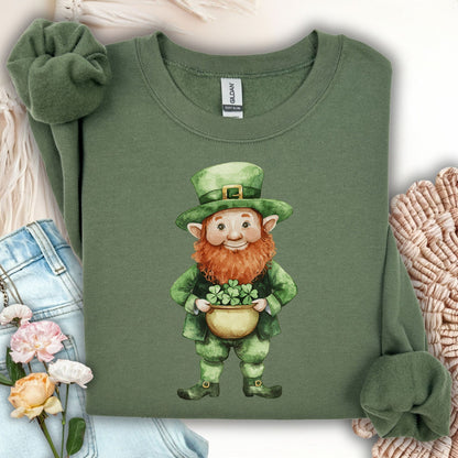 Military Green unisex sweatshirt with a friendly leprechaun holding a four-leaf clover.