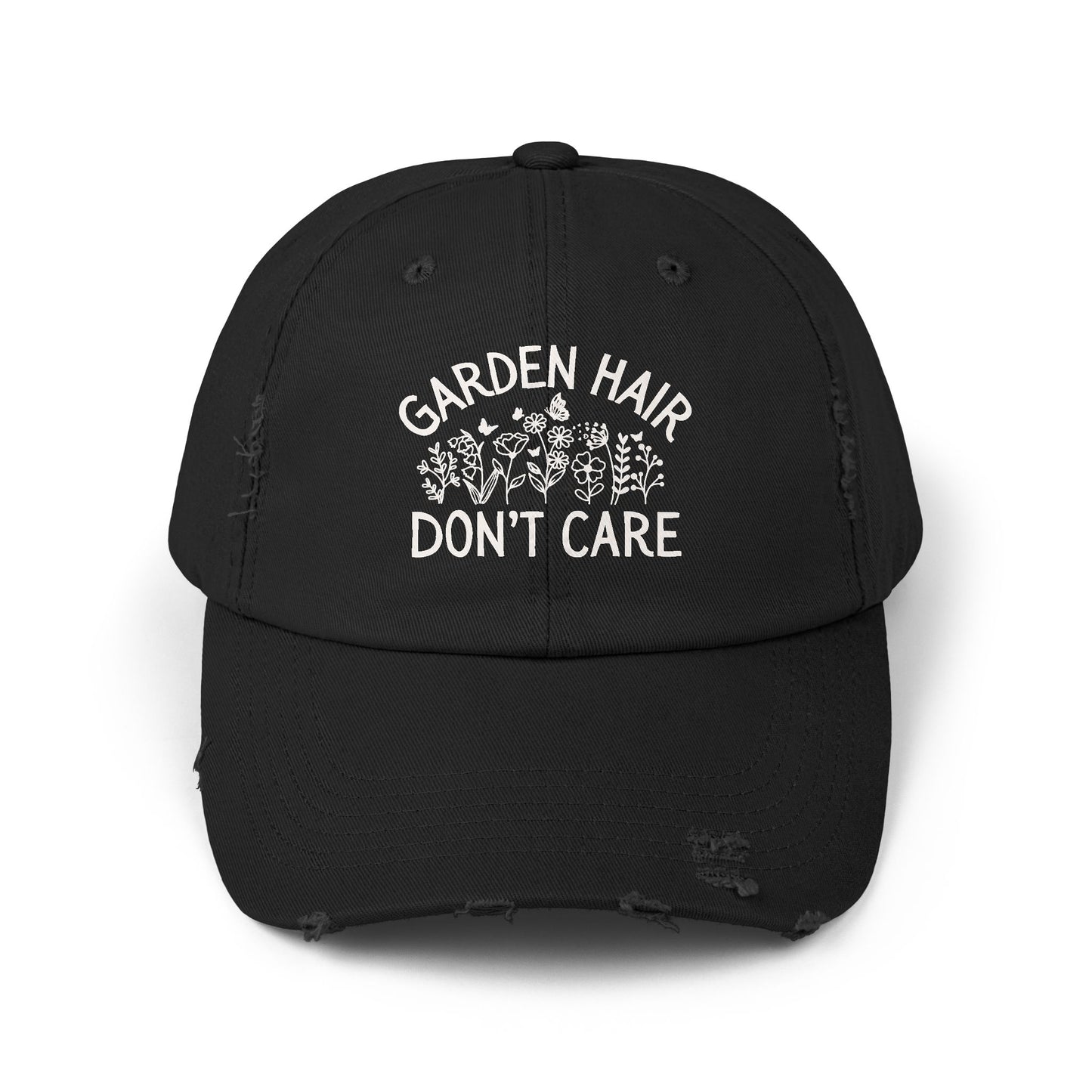 Black distressed cotton twill cap with "Garden Hair Don't Care" text and floral design.