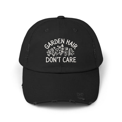 Black distressed cotton twill cap with "Garden Hair Don't Care" text and floral design.