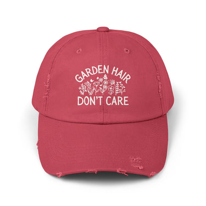 Dashing Red distressed cotton twill cap with "Garden Hair Don't Care" text and floral design.