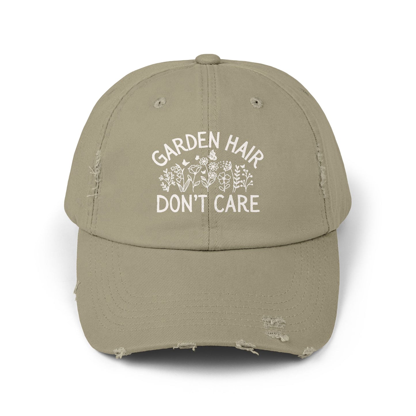 Light olive distressed cotton twill cap with "Garden Hair Don't Care" text and floral design.