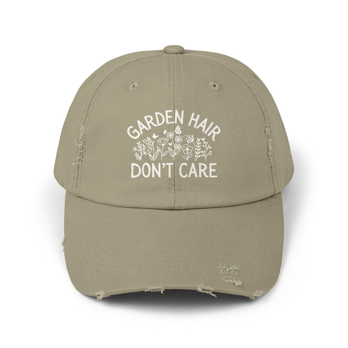 Light olive distressed cotton twill cap with white Garden Hair Don't Care floral graphic and curved brim.