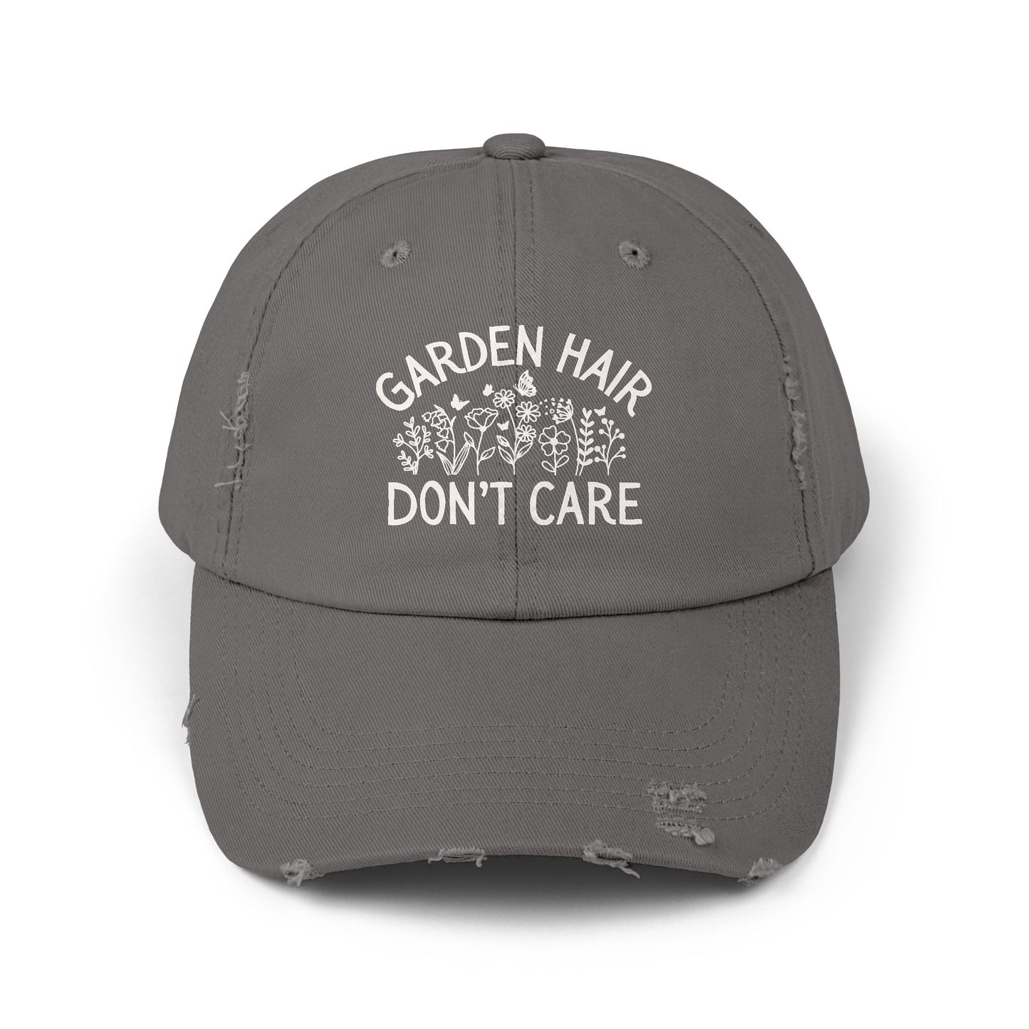Nickel distressed cotton twill cap with "Garden Hair Don't Care" text and floral design.