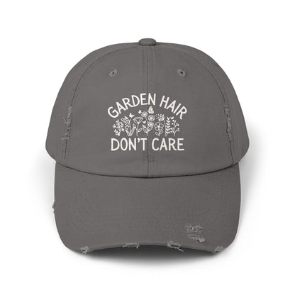 Nickel distressed cotton twill cap with "Garden Hair Don't Care" text and floral design.