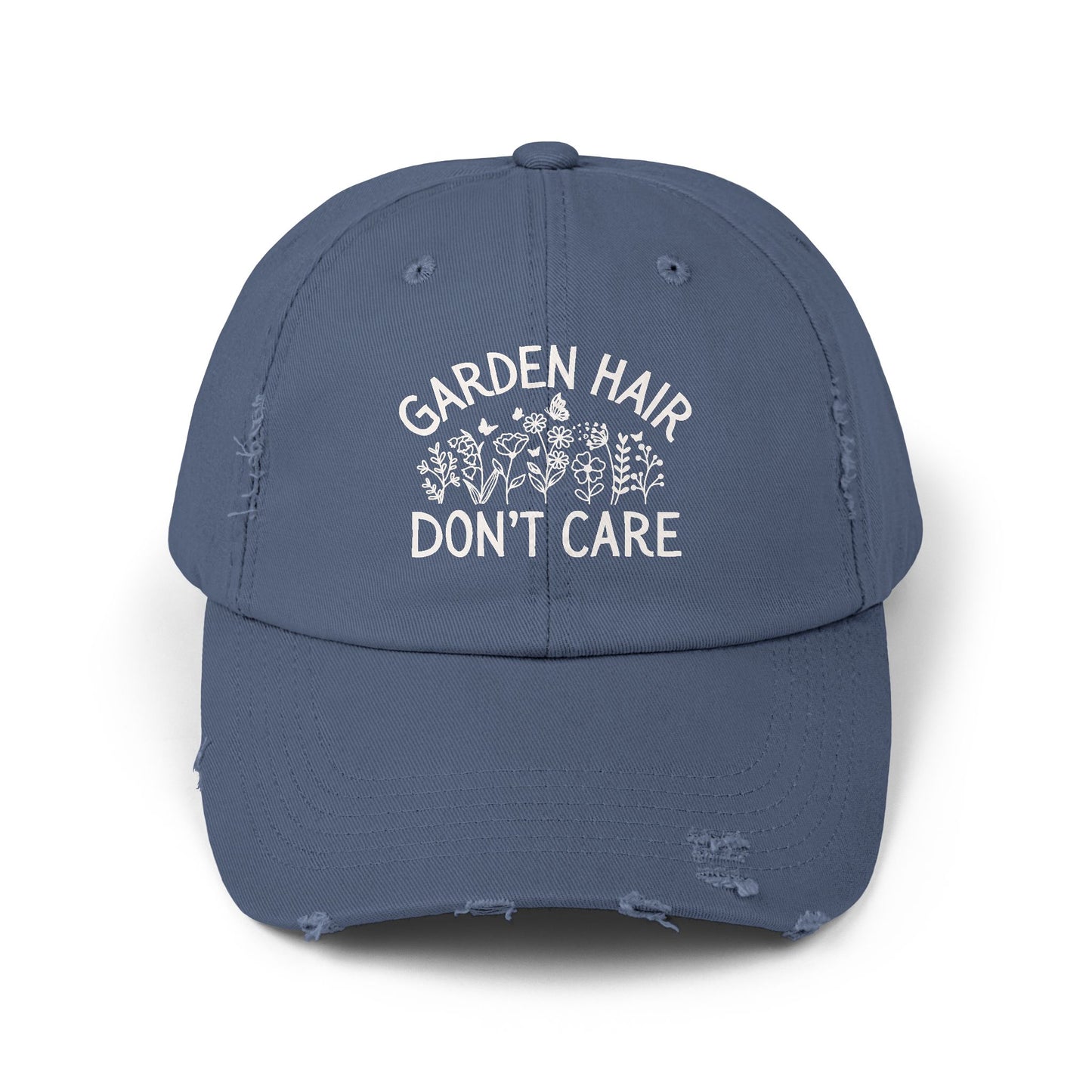 Scotland Blue distressed cotton twill cap with "Garden Hair Don't Care" text and floral design.