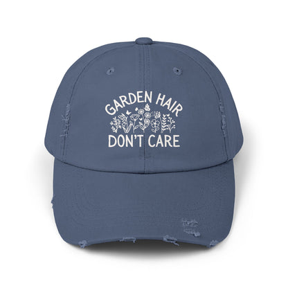Scotland Blue distressed cotton twill cap with "Garden Hair Don't Care" text and floral design.