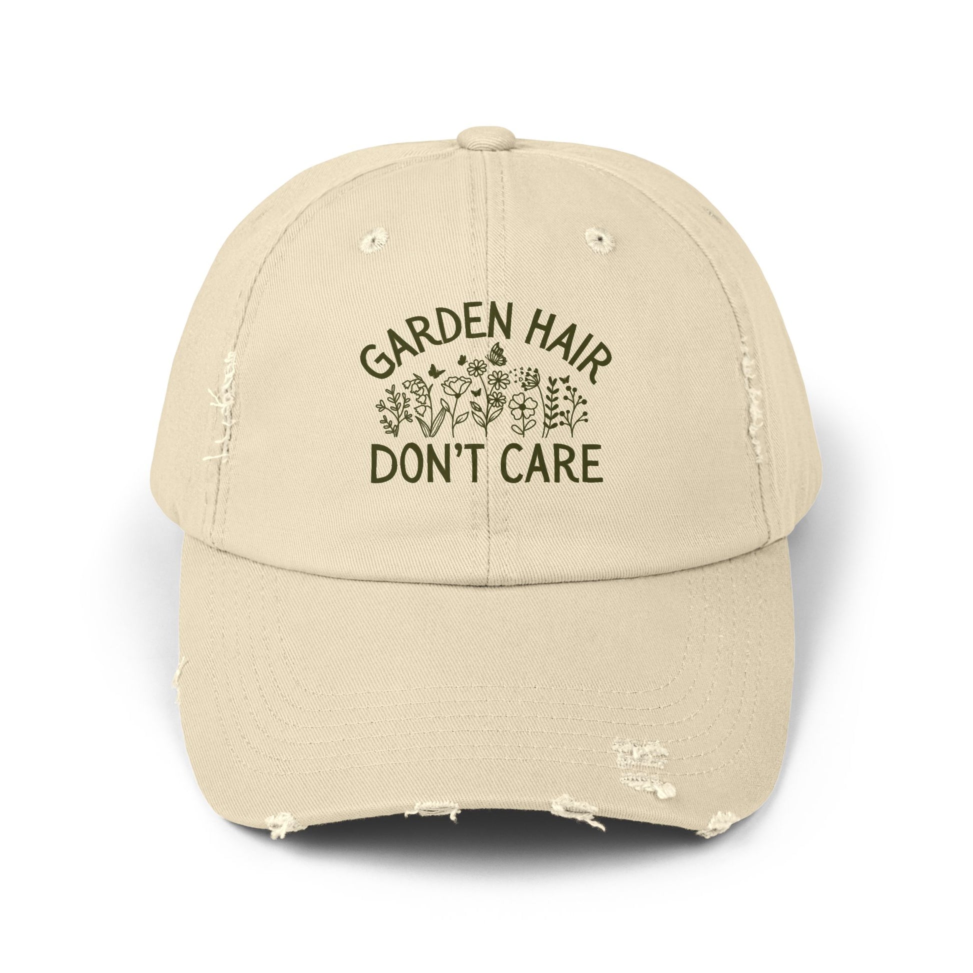 Stone distressed cotton twill cap with "Garden Hair Don't Care" text and floral design.