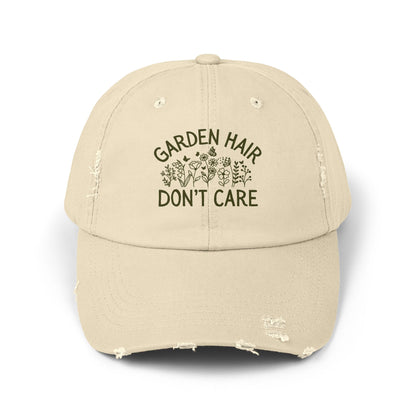 Stone distressed cotton twill cap with "Garden Hair Don't Care" text and floral design.
