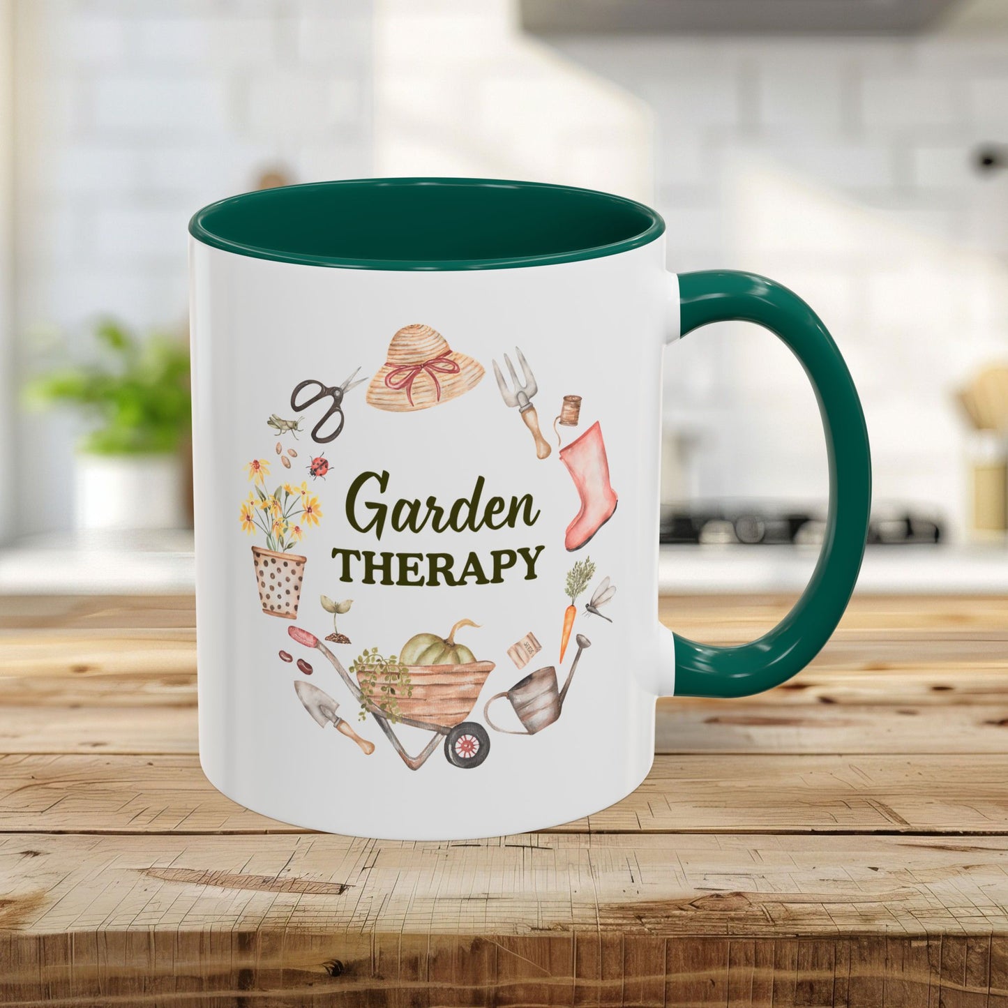 11oz white ceramic mug with green interior/handle, "Garden Therapy" text, and watercolor garden tools design.