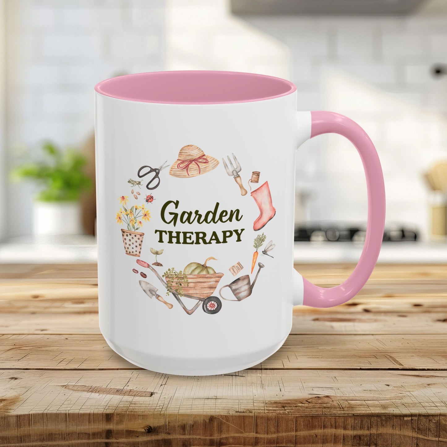 15oz white ceramic mug with pink handle and interior, featuring "Garden Therapy" surrounded by watercolor garden tools.