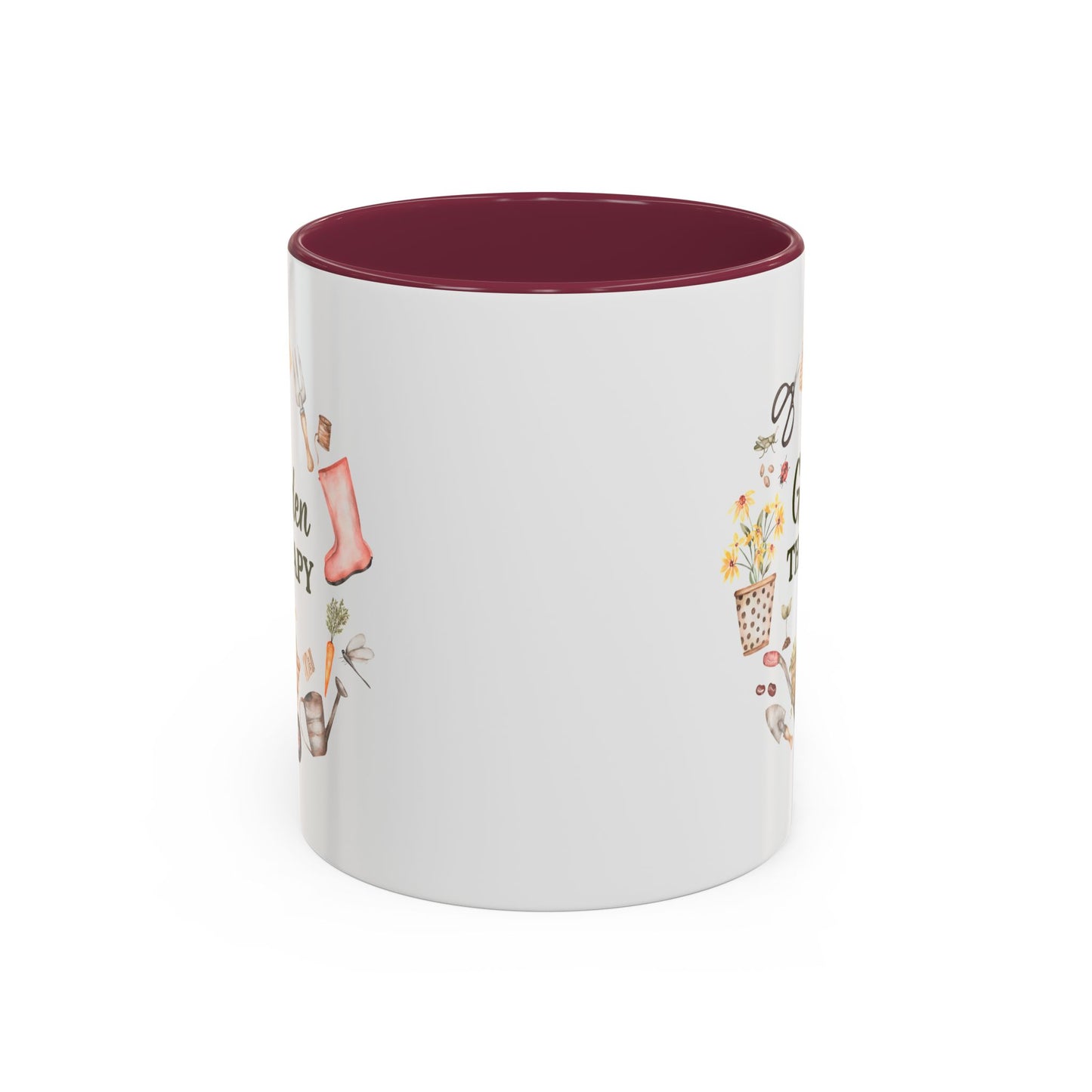 White ceramic mug with a maroon interior and "Garden Therapy" text surrounded by watercolor garden tools.