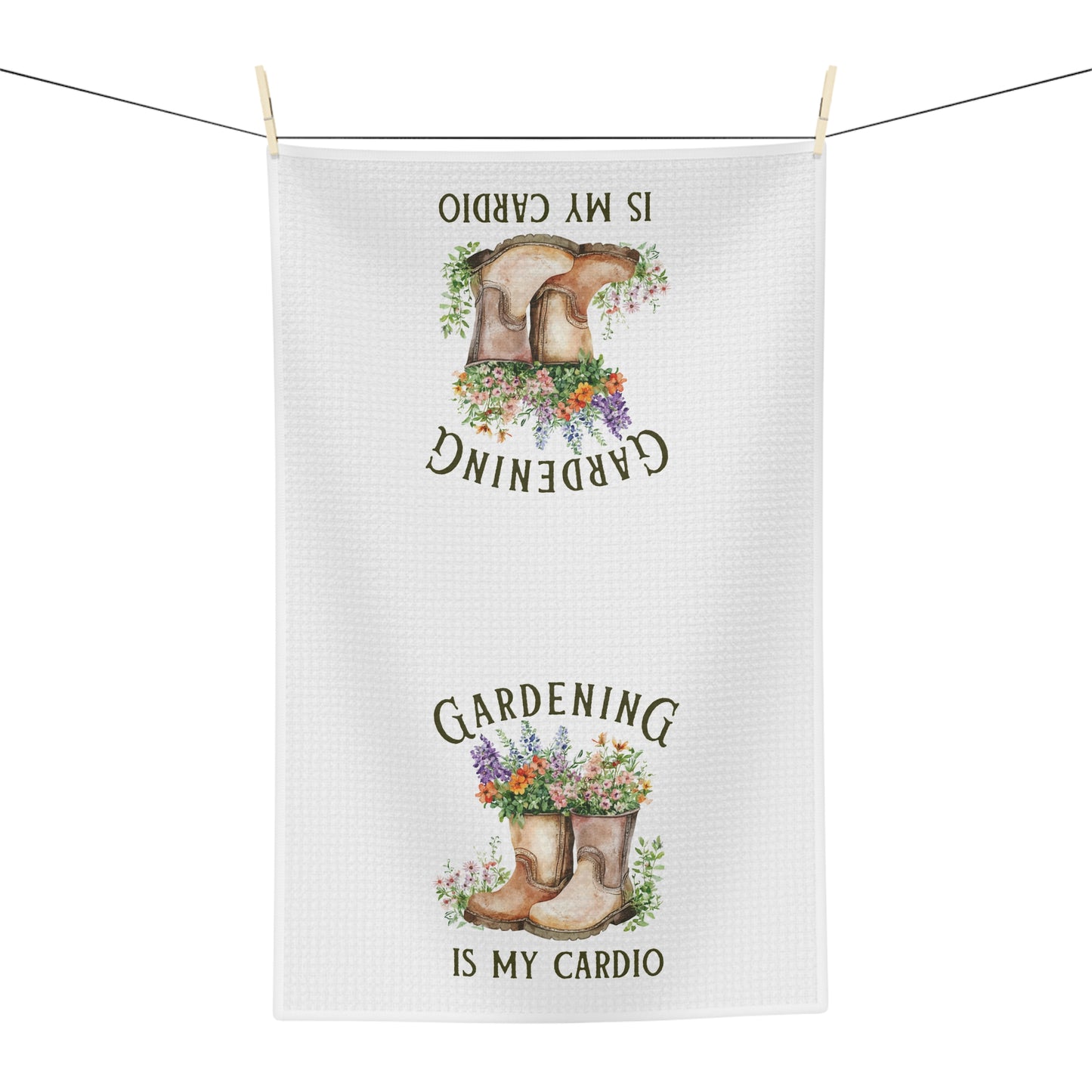 White microfiber tea towel with "Gardening Is My Cardio" and watercolor boots overflowing with flowers.