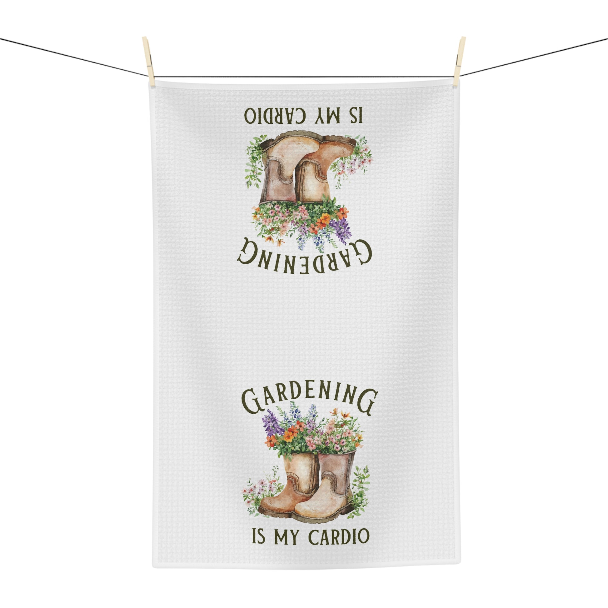 White microfiber tea towel with "Gardening Is My Cardio" and watercolor boots overflowing with flowers.