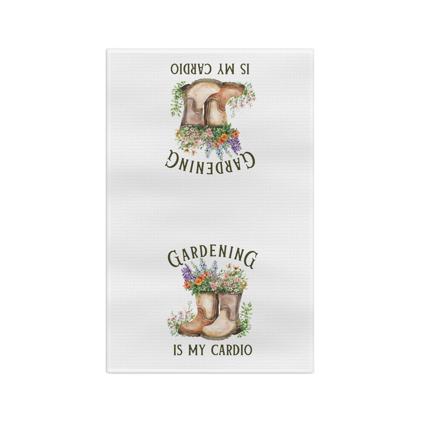 White microfiber tea towel with watercolor garden boots overflowing with colorful flowers and "Gardening Is My Cardio" text.