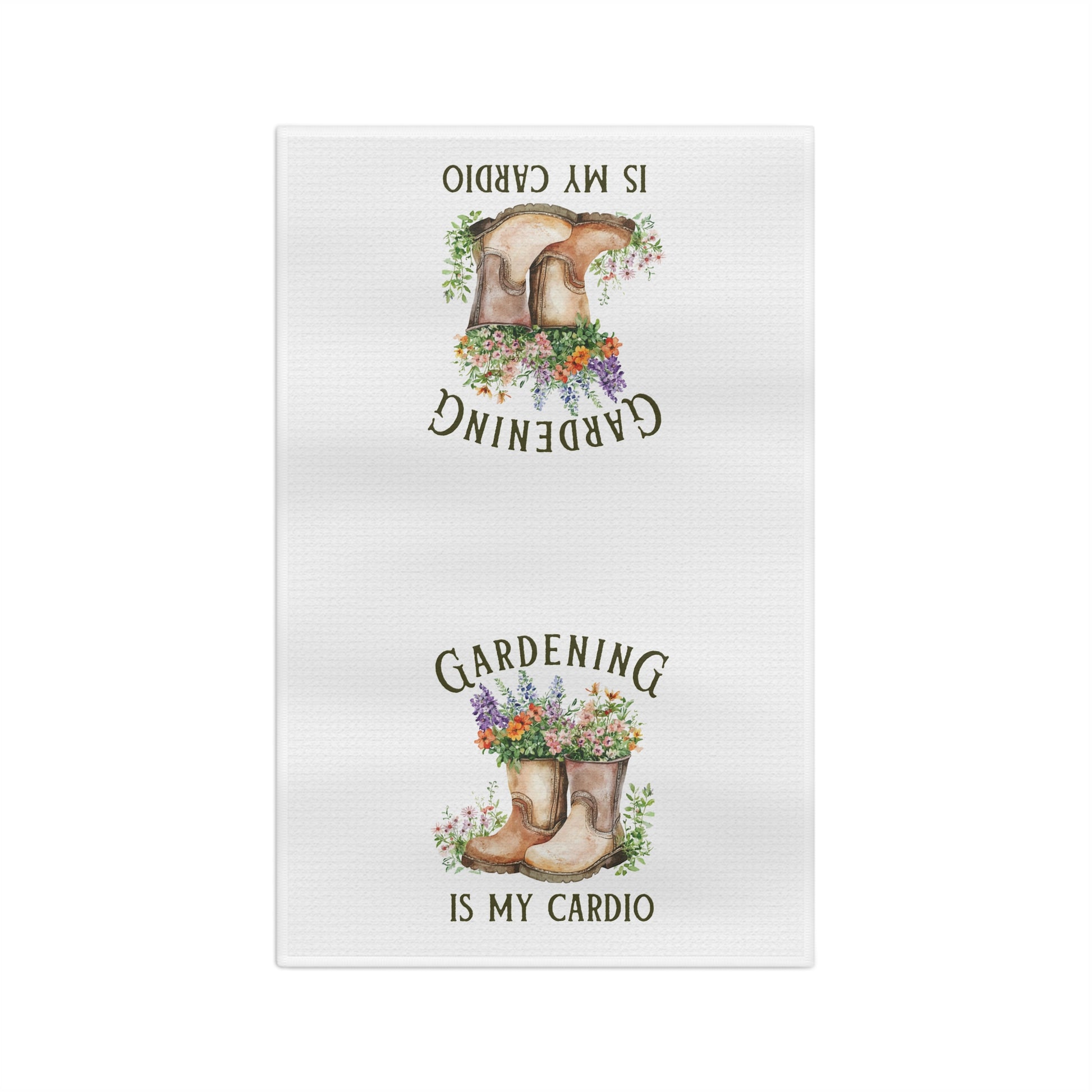 White microfiber tea towel with watercolor garden boots overflowing with colorful flowers and "Gardening Is My Cardio" text.