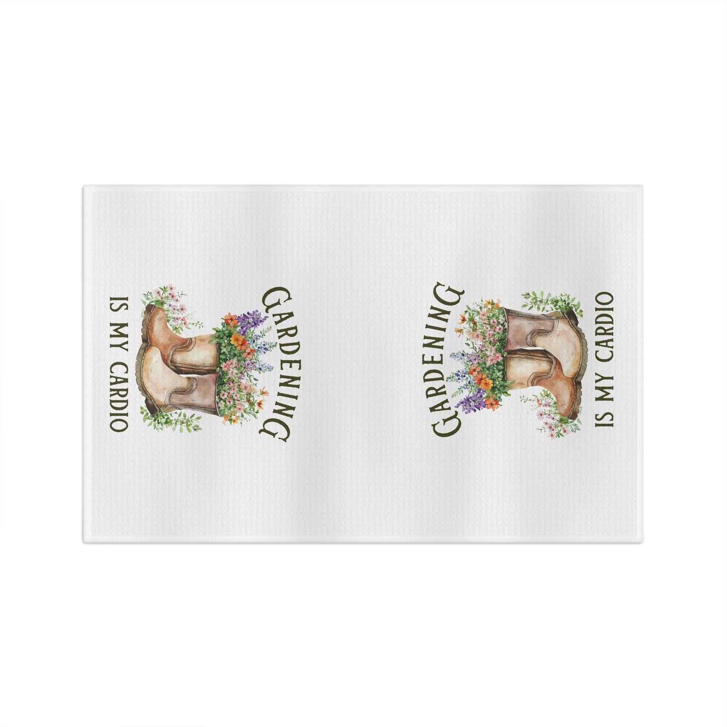 White microfiber tea towel with "Gardening Is My Cardio" text and watercolor boots overflowing with colorful flowers.
