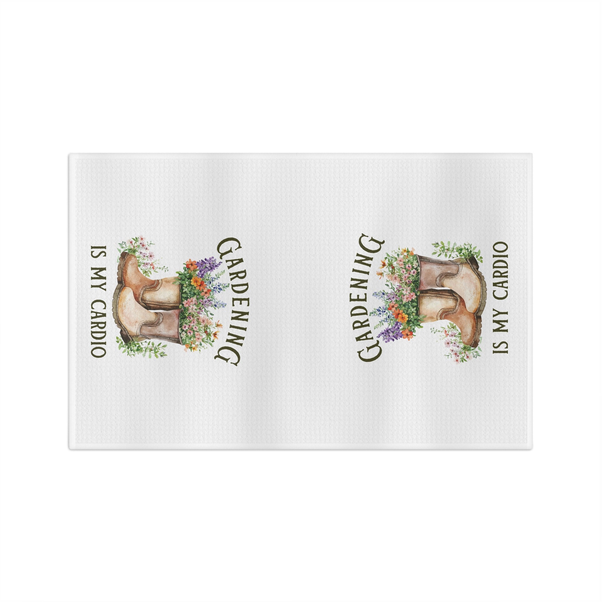 White microfiber tea towel with "Gardening Is My Cardio" text and watercolor boots overflowing with colorful flowers.