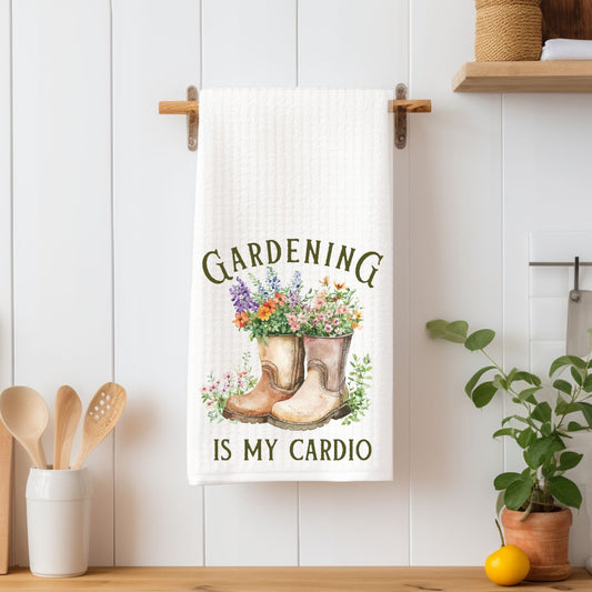 "Gardening Is My Cardio" Floral Boots Tea Towel