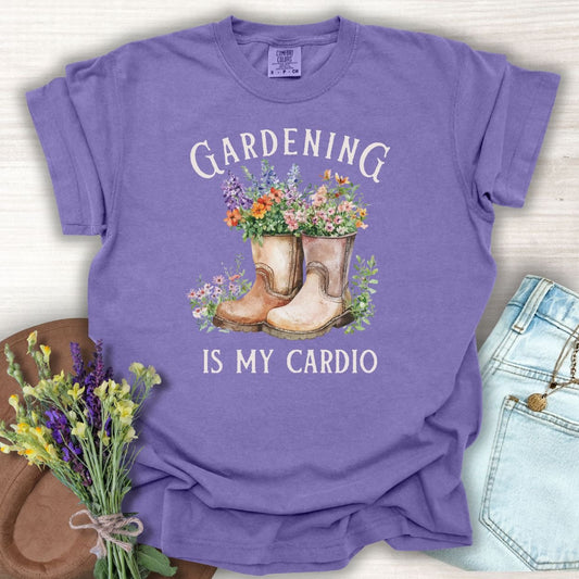 Gardening Is My Cardio T-Shirt — Watercolor Boots & Wildflowers