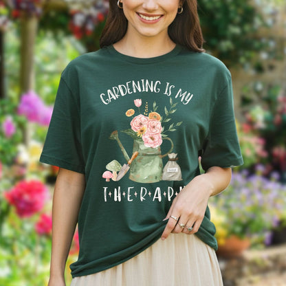 Woman in a dark green "Gardening Is My Therapy" t-shirt with a floral watering can design.