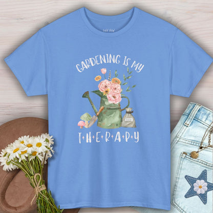 Carolina Blue 100% cotton tee with "Gardening Is My Therapy" watercolor watering can and floral design.