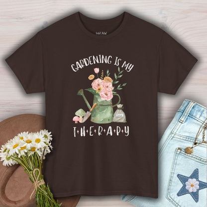 Dark Chocolate Gildan 5000 tee with "Gardening Is My Therapy" watercolor watering can and flowers design.