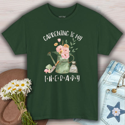 Forest green cotton t-shirt with "Gardening Is My Therapy" and a watercolor watering can with pink flowers.