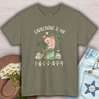 Heather Military Green cotton t-shirt with "Gardening Is My Therapy" watercolor watering can and flowers design.