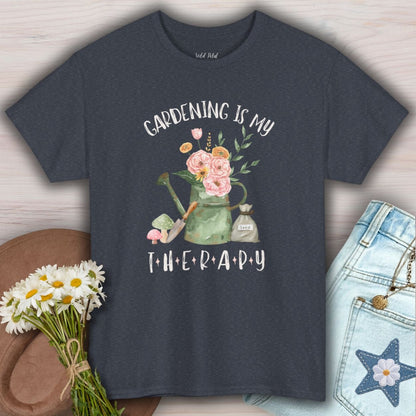 Heather Navy S-size tee with "Gardening Is My Therapy" watercolor watering can, flowers, and seed bag design.