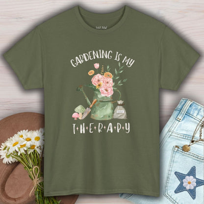 Military Green S-size cotton t-shirt with "Gardening Is My Therapy" watercolor watering can and floral design.