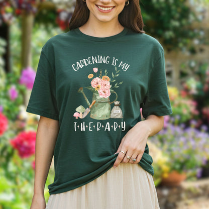 young woman wearing a green t-shirt with 'Gardening is my therapy' design in a garden setting