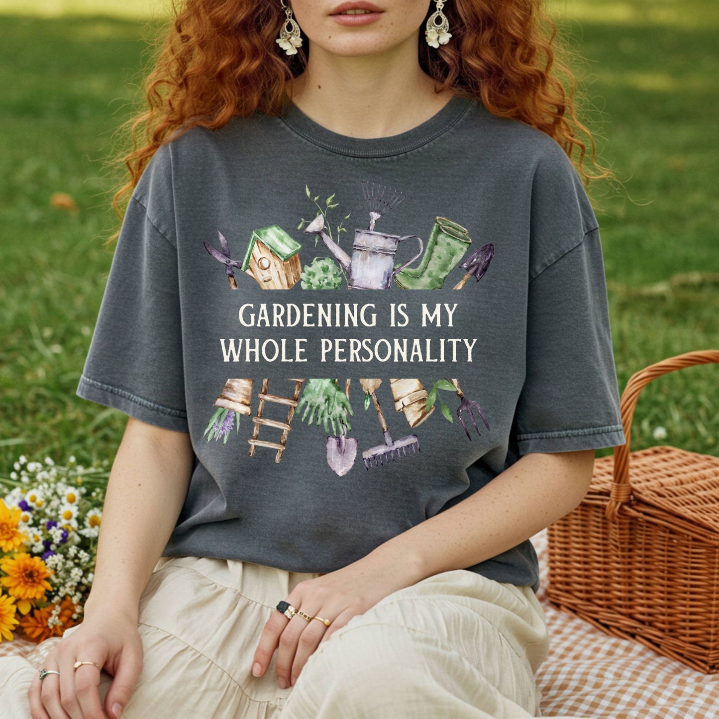 Charcoal t-shirt with "Gardening Is My Whole Personality" text and watercolor gardening tools/florals.