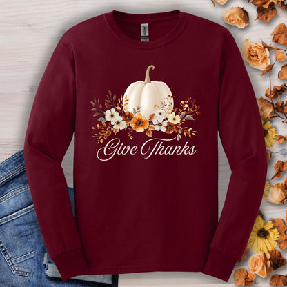 Maroon Gildan long sleeve tee, size S, with a watercolor white pumpkin, autumn foliage, and "Give Thanks" text.