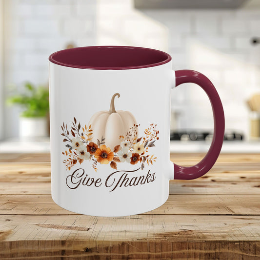Give Thanks White Pumpkin Floral Mug  (11/15oz)