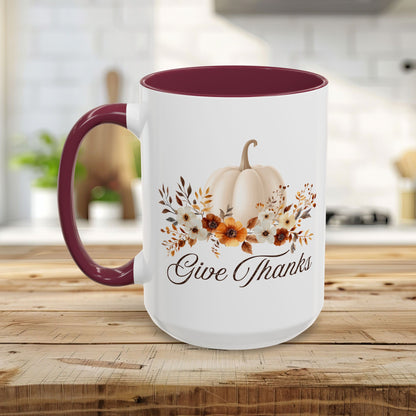 Give Thanks White Pumpkin Floral Mug  (11/15oz)