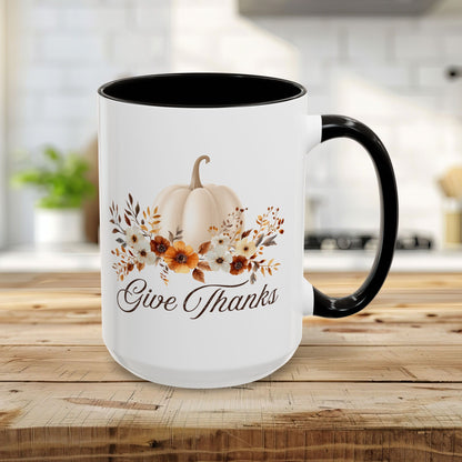 Give Thanks White Pumpkin Floral Mug  (11/15oz)