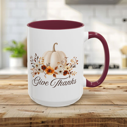 Give Thanks White Pumpkin Floral Mug  (11/15oz)