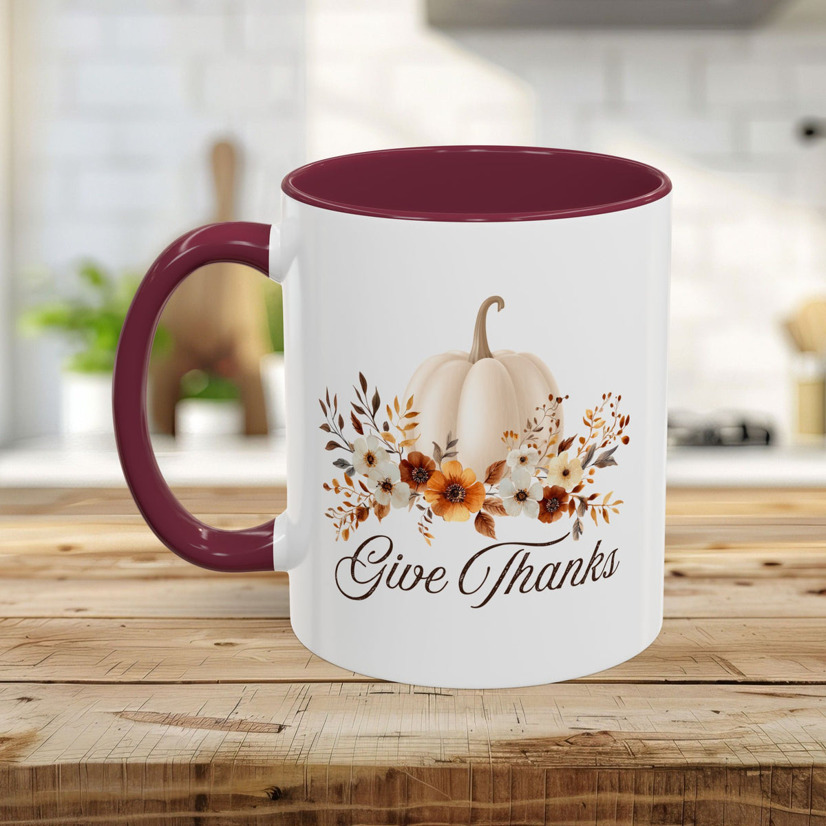 Give Thanks White Pumpkin Floral Mug  (11/15oz)