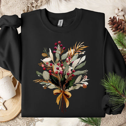 Black Gildan sweatshirt with a watercolor Christmas bouquet and golden bow design.