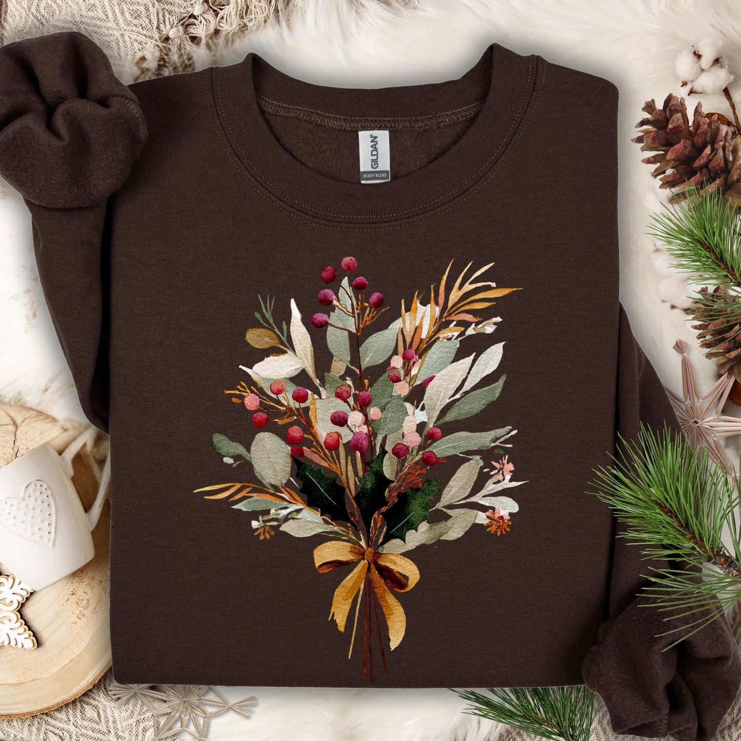 Dark chocolate Gildan sweatshirt with a watercolor holiday bouquet and golden bow.