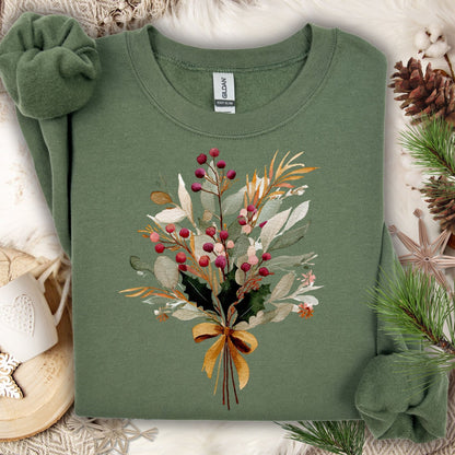 Military green sweatshirt with a watercolor Christmas bouquet and golden bow design.