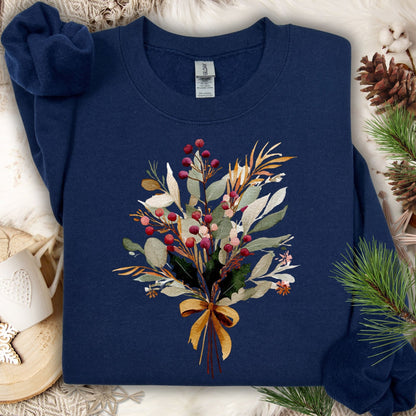 Navy Gold Holiday Bouquet Sweatshirt with watercolor berries, eucalyptus, and evergreen sprigs tied with a golden bow.