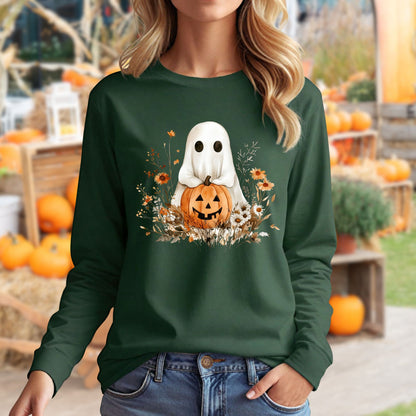 Green long-sleeve tee with a boho ghost and pumpkin design surrounded by delicate florals.